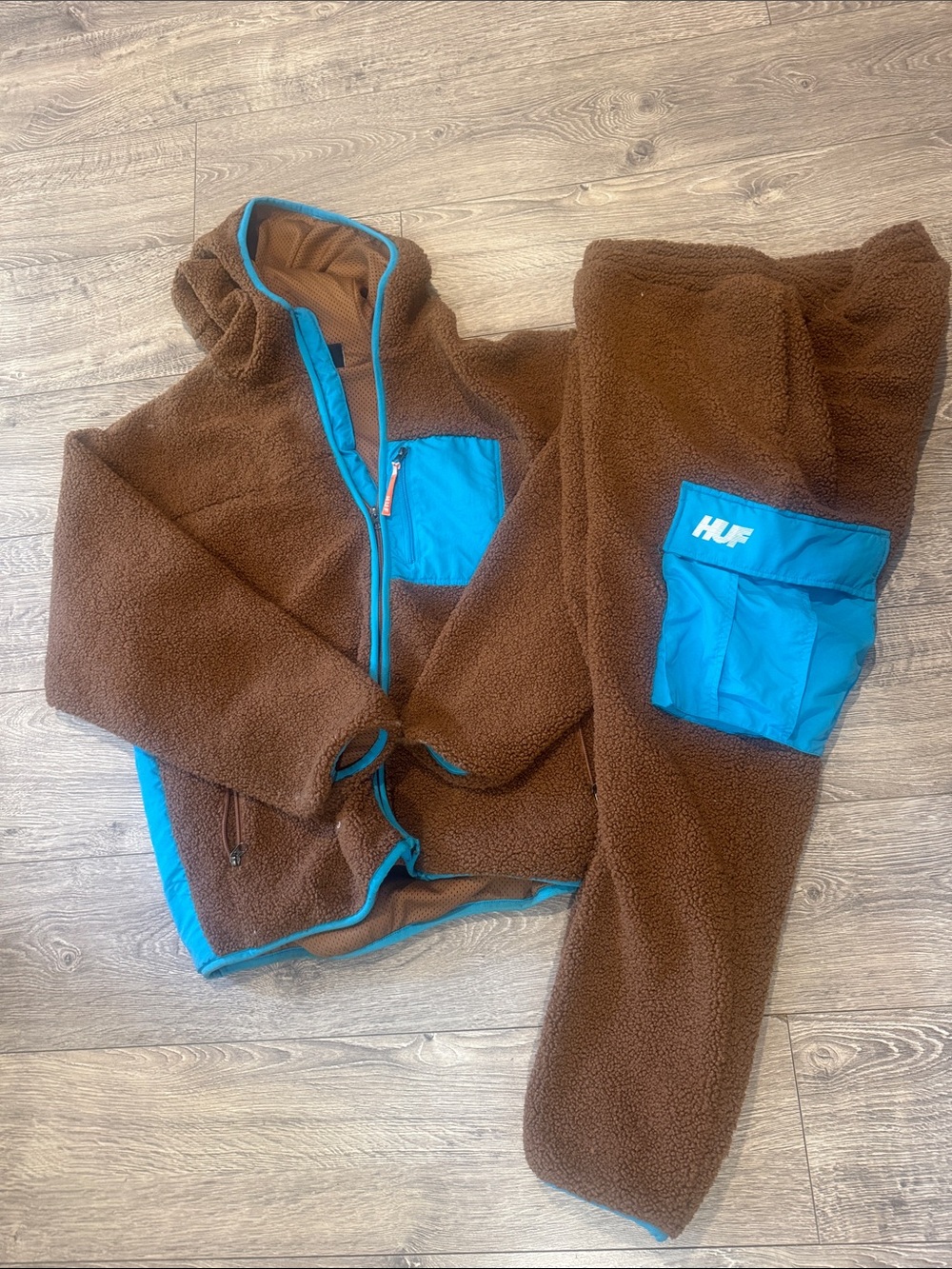 HUF Brown and Blue Sherpa Track Pants & Jacket Set